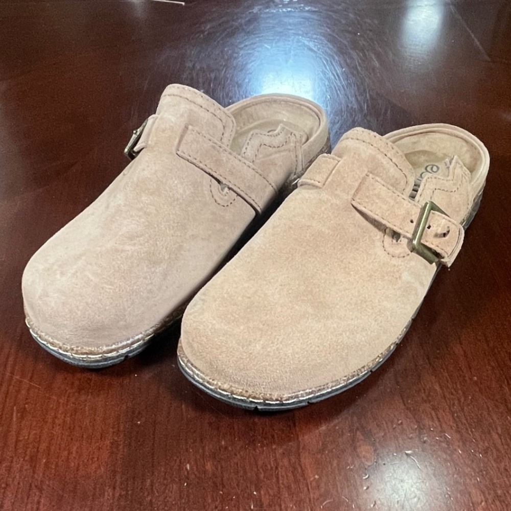 Earth Elmonte Tan Suede Leather Clogs Buckle Slip On Mules Womens 7.5W Modified